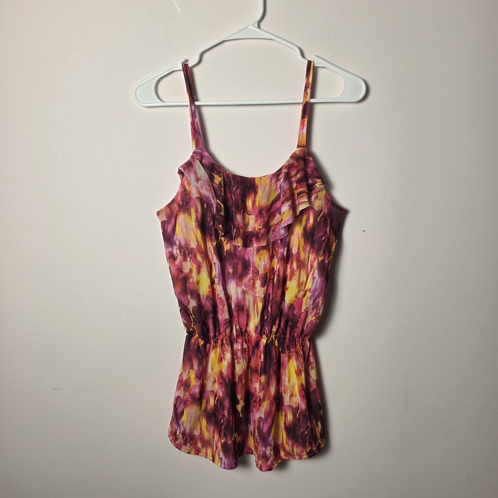 Relativity Pink Yellow Floral Tank Top Size M Ruffle Neck Cinched Waist - Picture 1 of 5
